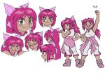  1girl bakuten_shoot_beyblade beyblade blush character_name character_sheet chen_mao closed_mouth dress long_hair official_art open_mouth pink_hair ponytail shirt sleeveless slit_pupils teeth white_background white_shirt yellow_eyes 