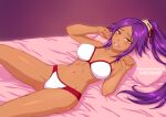 1girl bleach bra breasts burbur collarbone commentary dark_skin dark_skinned_female english_commentary large_breasts long_hair looking_at_viewer lying mixed-language_commentary navel on_back on_bed panties parted_lips paw_pose pillow ponytail purple_hair shihouin_yoruichi smile solo underwear underwear_only white_bra white_panties yellow_eyes 