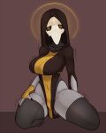  2019 5_fingers big_breasts bodily_fluids breasts brown_background clothed clothing female fingers glistening grey_body grey_skin halo hi_res hood humanoid legwear looking_at_viewer margaret_(vetisx) mask plague_doctor simple_background solo spread_legs spreading topwear vetisx wide_hips yellow_eyes 