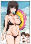  3girls bangs bikini black_bikini black_border black_eyes black_hair blunt_bangs border breast_envy breasts brown_eyes brown_hair cleavage collarbone commentary_request day eyebrows_visible_through_hair food food_in_mouth girls_und_panzer groin half-closed_eyes highres hirokawa_kouichirou holding holding_innertube innertube iron_cross jitome large_breasts long_hair looking_at_another looking_at_viewer lowleg lowleg_bikini mature mother_and_daughter mouth_hold multiple_girls navel nishizumi_maho nishizumi_miho nishizumi_shiho outdoors pink_bikini popsicle rectangular_mouth rounded_corners short_hair siblings sisters skindentation standing straight_hair string_bikini sweatdrop swimsuit triangle_mouth 
