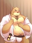  2021 anthro belly big_belly blush brown_body brown_fur bulge clothed clothing fur humanoid_hands kemono male mammal navel noichi_53 overweight overweight_anthro overweight_male pubes scar solo underwear ursid 