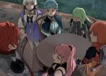  1boy 5girls armor black_cloak black_gloves black_legwear black_shirt blue_capelet blue_dress braid breastplate breasts byleth_(fire_emblem) byleth_(fire_emblem)_(female) capelet chair cleavage cloak closed_mouth commentary covering_face crown_braid dress earrings fingerless_gloves fire_emblem fire_emblem:_three_houses from_above glaring gloves grass green_hair hands_on_own_face hilda_valentine_goneril jewelry jitome leonie_pinelli light_blue_hair long_hair looking_at_another lysithea_von_ordelia marianne_von_edmund medium_breasts medium_hair multiple_girls open_mouth orange_eyes orange_hair orange_shirt outdoors pavement pink_eyes pink_hair ponytail purple_dress purple_eyes rain red_eyes red_hair scrunchie shield shirt shishima_eichi short_hair shoulder_armor sidelocks silver_hair sitting small_breasts standing sylvain_jose_gautier table tassel thighhighs tsurime vambraces white_legwear 