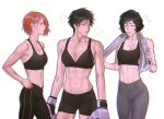  3girls abs anger_vein bare_shoulders black_hair boxing_gloves breasts burn_scar cleavage closed_eyes collarbone cowboy_shot from_side hair_behind_ear hand_on_hip heavy_breathing jujutsu_kaisen kugisaki_nobara large_breasts looking_at_another medium_breasts midriff multiple_girls orange_hair pants parted_lips scar scar_on_arm scar_on_face short_hair shorts simple_background spoilers sports_bra standing stomach teeth tight tight_pants toned towel towel_around_neck wengwengchim white_background yellow_eyes yoga_pants zenin_mai zenin_maki 