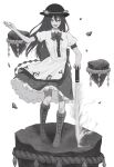 1girl :d back_bow bangs blush boots bow bowtie breasts center_frills commentary_request cross-laced_footwear eyebrows_visible_through_hair floating_island food frills fruit full_body greyscale hair_between_eyes hand_up hat highres hinanawi_tenshi knee_boots long_hair looking_at_viewer medium_breasts monochrome open_mouth peach petticoat planted_sword planted_weapon puffy_short_sleeves puffy_sleeves shirt short_sleeves simple_background skirt smile solo standing sword sword_of_hisou touhou umeko_81 v-shaped_eyebrows very_long_hair weapon white_shirt 