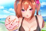  1girl :o absurdres bare_shoulders black_shirt blue_sky blush bow breasts brown_hair cleavage cloud collarbone commentary_request daiwa_scarlet_(umamusume) day fang food food_focus hair_between_eyes hair_bow highres ice_cream ice_cream_cone kawazurana large_breasts long_hair looking_at_viewer offering outdoors pink_bow purple_eyes shirt sky sleeveless sleeveless_shirt solo twintails umamusume upper_body 