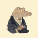  anthro back_spikes bow bowler_hat clasped_hands classy clothing crocodile crocodilian crocodylid dress_shirt hat headgear headwear hi_res male necktie reptile rt0no scalie shirt solo spikes spikes_(anatomy) suit suit_jacket topwear 