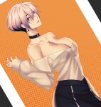 1girl bangs bare_shoulders black_skirt border breasts button_gap cero_rains choker cleavage collared_shirt dutch_angle earrings hair_between_eyes highres jewelry large_breasts mole necklace off_shoulder orange_background original parted_lips pink_eyes pink_hair shirt shirt_tucked_in short_hair skirt sleeves_past_wrists standing white_border white_shirt 