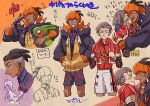  2boys blush brown_hair closed_eyes collared_shirt commentary_request dark_skin dark_skinned_male earrings face-to-face fang flygon gen_3_pokemon gen_4_pokemon gen_6_pokemon gloves goodra gym_leader hands_in_pockets hood hoodie jewelry kabu_(pokemon) male_focus multicolored_hair multiple_boys nitaimoimo open_mouth orange_headwear partially_fingerless_gloves pokemon pokemon_(creature) pokemon_(game) pokemon_swsh pose raihan_(pokemon) rotom rotom_phone shirt short_sleeves shorts side_slit side_slit_shorts single_glove smile towel towel_around_neck translation_request two-tone_hair undercut v |d 