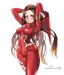  1girl absurdres alternate_costume armpits arms_up blush bodysuit breasts brown_hair cosplay cowboy_shot darling_in_the_franxx diegodraws highres horns instagram_username kamado_nezuko kimetsu_no_yaiba long_hair medium_breasts mouth_hold pink_eyes red_bodysuit signature simple_background single_horn solo very_long_hair white_background zero_two_(darling_in_the_franxx) zero_two_(darling_in_the_franxx)_(cosplay) 