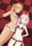  2girls animal_ears bikini bikini_skirt black_bikini blonde_hair blush brave_witches breasts brown_eyes checkered checkered_background collarbone dog_ears dog_tail edytha_rossmann eyebrows_visible_through_hair groin hand_on_another&#039;s_shoulder hand_on_hip highres looking_at_viewer multiple_girls navel one_eye_closed open_mouth selinanyan shiny shiny_hair short_hair simple_background small_breasts smile standing swimsuit swimwear tail w waltrud_krupinski white_bikini white_hair world_witches_series 
