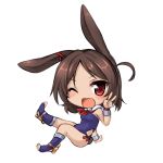  1girl animal_ears azur_lane blush brown_eyes brown_hair bunny_ears chibi commentary_request dark_skin dark_skinned_female detached_collar highres i-26_(azur_lane) kinomiki_(tales22) looking_at_viewer one-piece_swimsuit open_mouth red_eyes sailor_collar short_hair smile solo strapless swimsuit 