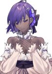  1girl absurdres bangs bare_shoulders black_bow bow breasts cleavage closed_mouth collar covering_mouth dark_skin dark_skinned_female detached_collar detached_sleeves dress fate/grand_order fate/prototype fate/prototype:_fragments_of_blue_and_silver fate_(series) frilled_collar frills hair_between_eyes hair_bow hair_ornament hairclip hassan_of_serenity_(fate) highres lilycious purple_eyes purple_hair purple_ribbon ribbon short_hair simple_background smile solo white_background white_collar white_dress 