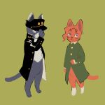  2boys :&lt; :3 adjusting_clothes adjusting_headwear animal_ear_fluff animal_ears animal_nose arm_at_side black_coat black_headwear blue_eyes body_fur buttons cat_boy cat_ears cat_tail closed_mouth coat earrings expressionless from_side full_body furrification furry gakuran green_background green_coat hand_on_headwear hand_up hat high_collar jewelry jojo_no_kimyou_na_bouken kakyoin_noriaki kujo_jotaro long_coat long_sleeves looking_at_viewer looking_to_the_side male_focus multiple_boys open_clothes open_coat paws peaked_cap purple_eyes school_uniform shiny shiny_clothes simple_background smile snout standing stardust_crusaders tail two-tone_fur wavy_hair whiskers zabu 