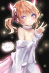  &gt;_&lt; 1girl ahoge angora_rabbit animal bangs bare_shoulders blush breasts brown_hair bunny cleavage closed_eyes collarbone commentary_request detached_sleeves eyebrows_visible_through_hair fur-trimmed_sleeves fur_trim glowing gochuumon_wa_usagi_desu_ka? grin hair_between_eyes hand_up highres horns hoto_cocoa long_sleeves looking_at_viewer medium_breasts natuna_natu pink_skirt purple_eyes shirt skirt sleeves_past_wrists smile tippy_(gochiusa) twintails v v-shaped_eyebrows white_shirt white_sleeves 