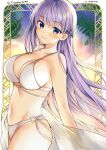  1girl absurdres bare_arms bare_shoulders bikini blush braid breasts cleavage collarbone commission commissioner_upload cowboy_shot fire_emblem fire_emblem:_the_binding_blade halterneck highres large_breasts leaf long_hair looking_at_viewer midriff navel outdoors purple_eyes purple_hair signature skeb_commission sky solo sophia_(fire_emblem) stomach string_bikini swimsuit thighs very_long_hair white_bikini yam_(yamap_mako) 