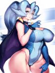  1girl asymmetrical_gloves blue_eyes blue_gloves blue_hair breasts clair_(pokemon) cleavage fumio_(rsqkr) gloves highres large_breasts looking_at_viewer pokemon pokemon_(game) pokemon_hgss ponytail solo thick_thighs thighs 