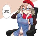  1girl 9a-91_(girls_frontline) abineko beige_gloves beret bespectacled black-framed_eyewear black_panties blue_dress blue_eyes chair dress english_text eyebrows eyebrows_visible_through_hair girls_frontline glasses gloves hair_ornament hat highres long_hair low_twintails navel panties red_headwear red_scarf scarf sitting smile speech_bubble star_(symbol) star_hair_ornament twintails underwear white_hair 