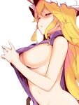  1girl :o \||/ absurdres areola_slip areolae bangs blonde_hair blush commentary_request covered_nipples eyebrows_visible_through_hair from_side groin half-closed_eyes hand_up hat hat_ribbon hekiga_(freelot) highres long_hair looking_at_viewer mob_cap naked_tabard navel one_eye_closed parted_lips red_eyes red_ribbon ribbon simple_background solo tabard touhou upper_body very_long_hair white_background white_headwear yakumo_yukari 