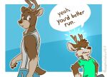  angry anthro antlers blue_bottomwear blue_clothing blue_eyes blue_pants bottomwear brown_body brown_fur cervid clothing darwin_(tinydeerguy) dialogue duo english_text fur green_eyes green_t-shirt grey_clothing grey_shirt grey_topwear horn male mammal open_mouth pants shirt t-shirt tan_body tan_fur tank_top teeth_showing text tinydeerguy topwear 