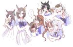  &gt;_&lt; 6+girls :d ^_^ agnes_tachyon_(umamusume) air_groove_(umamusume) air_shakur_(umamusume) animal animal_ears black_hair brown_hair closed_eyes clover_hair_ornament ear_bow elbow_on_another&#039;s_head fine_motion_(umamusume) flying_sweatdrops gold_ship_(umamusume) hair_ornament hand_on_own_cheek hand_on_own_face hat heart hidden_face holding holding_animal horse_ears mejiro_dober_(umamusume) mejiro_mcqueen_(umamusume) multicolored_hair multiple_girls multiple_views open_mouth profile purple_eyes red_eyes romi_(346_ura) school_uniform shaded_face silver_hair simple_background smile streaked_hair symboli_rudolf_(umamusume) tokai_teio_(umamusume) tracen_school_uniform translation_request turn_pale umamusume white_background 