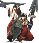  2girls :d bangs black_gloves black_hair blunt_bangs brown_eyes closed_mouth commentary_request fewer_digits full_body gloves hair_ornament highres hinoa holding holding_shield holding_weapon japanese_clothes korean_commentary long_hair long_skirt looking_at_viewer minoto monster_hunter_(series) monster_hunter_rise multiple_girls open_mouth pointy_ears red_skirt shield siblings sidelocks simple_background skirt smile sookmo standing twins weapon white_background 