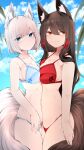  2girls absurdres akagi_(azur_lane) animal_ear_fluff animal_ears azur_lane bangs bare_legs bare_shoulders bikini blue_bikini blue_eyes blue_sky blunt_bangs breast_press breasts cleavage closed_mouth cloud cloudy_sky commentary_request cowboy_shot embarrassed eyebrows fluffy fox_ears fox_girl fox_tail from_side hair_ornament hairclip head_tilt highres kaga_(azur_lane) kyuubi large_breasts leaf legs long_hair looking_at_viewer medium_hair multiple_girls multiple_tails navel outdoors parted_bangs pout pouty_lips red_bikini red_eyes samip shiny shiny_hair sideboob sidelocks sky smile standing swimsuit swimwear symmetrical_docking tagme tail tree 