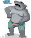  2021 anthro artist_name bottomwear clothed clothing dc_comics dialogue diphallism dorsal_fin english_text erection fin fish genitals gesture gills grey_body hi_res horizontal_diphallism king_shark looking_at_viewer male marine multi_genitalia multi_penis nanoff open_mouth overweight overweight_anthro overweight_male penis pointing pointing_at_penis shark sharp_teeth shorts simple_background solo speech_bubble standing teeth text topless white_background 