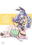  1girl 1other absurdres animal_ears arm_support ball_and_chain_restraint bare_legs bdsm blindfold blue_hair blush braid breasts bunny_ears carrot chain chen_yang_yang commentary_request crossed_legs cuffs don-chan_(usada_pekora) full_body hand_up heavy_breathing highres holding holding_leash hololive leash legs long_hair long_sleeves multicolored_hair nail_polish no_pants off_shoulder orange_eyes oversized_clothes oversized_shirt prison prison_clothes rabbit_girl shackles shirt short_eyebrows sitting sitting_on_person small_breasts speech_bubble striped striped_background striped_headwear striped_shirt sweat sweatdrop thick_eyebrows toenail_polish translation_request twin_braids twintails two-tone_hair usada_pekora virtual_youtuber white_background white_hair 