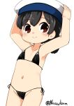  1girl bikini black_bikini black_hair brown_eyes cowboy_shot disconnected_mouth flat_chest hat hiburi_(kancolle) highres kantai_collection long_hair looking_at_viewer low_ponytail nassukun sailor_hat side-tie_bikini simple_background smile solo swimsuit twitter_username white_background white_headwear 