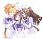  3girls :d ;d ^_^ animal_ears aqua_eyes black_hair closed_eyes commentary_request domino_mask ear_bow el_condor_pasa_(umamusume) girl_sandwich hair_ornament half_updo hand_on_another&#039;s_shoulder height height_difference horse_ears horse_tail long_hair mask mejiro_dober_(umamusume) multiple_girls one_eye_closed open_mouth orange_hair pleated_skirt ponytail purple_eyes romi_(346_ura) sandwiched school_uniform simple_background skirt smile sweatdrop taiki_shuttle_(umamusume) tail tracen_school_uniform umamusume upper_teeth white_background white_skirt 