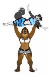  2021 4_toes 5_fingers anthro arms_above_head arms_out athletic athletic_anthro athletic_female barefoot black_hair black_nose blue_clothing border_collie bottomwear bra breasts brown_bear brown_body brown_fur brown_hair canid canine canis chloe_(abananaman) claire_(abananaman) claws clothed clothing collie digital_media_(artwork) domestic_dog duo feet female fingers fur furrybob grey_body grey_fur grizzly_bear hair herding_dog hi_res hindpaw humanoid_hands lifting_another looking_at_another looking_at_viewer looking_up mammal midriff multicolored_body multicolored_fur navel neckerchief open_mouth open_smile pastoral_dog paws sheepdog shorts signature simple_background smile sports_bra tailband toe_claws toes two_tone_body two_tone_fur underwear ursid ursine white_background white_body white_clothing white_fur yoga_pants 