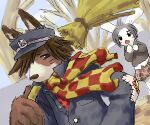  brown_body brown_fur brown_nose canid canine canis clothing domestic_dog duo fur hat headgear headwear humanoid_hands kemono lagomorph leporid low_res mammal outside rabbit scarf shirt topwear utsuki_maito white_body white_fur 