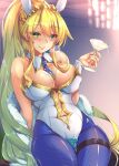  1girl animal_ears artoria_pendragon_(all) artoria_pendragon_(alter_swimsuit_rider)_(fate) bangs bare_shoulders between_breasts blonde_hair blush breasts bunny_ears cameltoe cleavage clothing_cutout fate/grand_order fate_(series) green_eyes highres large_breasts leaning_back leotard long_hair looking_at_viewer navel navel_cutout necktie necktie_between_breasts pantyhose pool satou_(kuso-neet) seductive_smile shiny shiny_clothes shiny_skin smile spill thigh_strap 