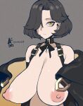  1girl 2021 aurahack bare_shoulders black_hair black_survival breasts collarbone grey_background hair_over_one_eye highres huge_breasts jitome looking_at_viewer nipples puffy_nipples rozzi_(black_survival) short_hair solo suspenders topless yellow_eyes 