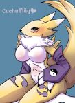  absurd_res anthro armwear blue_eyes blush breasts canid canine clothing cuchufflay digimon digimon_(species) elbow_gloves facial_markings female fingerless_gloves fluffy fluffy_tail fox fur gloves handwear head_markings hi_res kneeling mammal markings neck_tuft renamon solo tuft white_body white_fur yellow_body yellow_fur yin_yang 