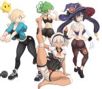 4girls :o alternate_costume ass bea_(pokemon) black_bodysuit black_gloves black_hair black_hairband black_sports_bra blonde_hair blue_eyes bodysuit bow_hairband breasts closed_mouth covered_navel cracking_knuckles crossover curly_hair dark_skin dark_skinned_female dumbbell dynamax_band ears flipped_hair full_body genshin_impact gloves green_eyes green_hair grey_eyes grey_hair gym_leader hair_over_one_eye hair_ribbon hairband hand_on_hip hat highres holding_own_foot jacket knee_pads leg_lift leggings leotard long_hair looking_at_viewer looking_back luma_(mario) mage mario_(series) medium_breasts mona_(genshin_impact) multiple_girls nike one-punch_man open_mouth pants pokemon pokemon_(game) pokemon_swsh print_shirt print_shorts purple_leotard purple_sports_bra raised_eyebrows rakeemspoon ribbon rosalina shirt shoes short_hair shorts sideboob simple_background small_breasts smile sneakers spandex sports_bra sportswear star_(symbol) star_print strapless stretch super_mario_galaxy tatsumaki tied_shirt towel towel_around_neck tubetop twintails very_long_hair weights white_background witch_hat yoga_pants 