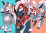  1boy :3 animal_ears animal_nose aqua_eyes artist_name big_hair black_hair blue_eyes body_fur character_name claws colored_sclera commentary dog dog_boy dog_ears dog_tail english_text fangs fluffy full_body furry gen_7_pokemon grin happy highres kikuyoshi_(tracco) long_hair looking_at_viewer lycanroc lycanroc_(dusk) lycanroc_(midday) lycanroc_(midnight) male_focus multicolored_hair open_mouth paws pokemon pokemon_(creature) red_eyes red_fur red_sclera signature simple_background smile snout standing tail teeth tongue two-tone_fur two-tone_hair white_fur white_hair 