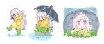  1girl ahoge boots chestnut_mouth chibi grass last_origin long_hair messy_hair pig4 pink_eyes pink_hair rain raincoat reflection simple_background splashing tadpole umbrella very_long_hair water x-05_emily 