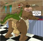  activision anthro anus apron apron_only armpit_hair balls benjibat bent_over big_balls big_butt bodily_fluids body_hair bottomless brown_body butt canid canine canis clothed clothing crash_bandicoot_(series) crocodile crocodilian crocodylid dialogue diner dingo dingodile feet foreskin genitals hi_res huge_butt hybrid inside male mammal mostly_nude open_mouth overweight partially_clothed penis plant presenting presenting_hindquarters reptile scalie sweat teeth text thick_tail toes tree uncut video_games window yellow_eyes 