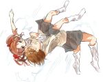  2girls angry arms_around_back arms_around_waist batti_yeah biribiri blurry blush bob_cut bow brown_eyes brown_hair brown_sweater_vest commentary electricity falling fighting flower german_suplex grey_skirt hair_bow hair_flower hair_ornament hair_ribbon hairclip looking_at_another loose_socks misaka_mikoto motion_lines multiple_girls no_shoes red_bow red_ribbon ribbon school_uniform shirai_kuroko shirt short_hair short_sleeves shouting skirt socks suplex toaru_kagaku_no_railgun toaru_majutsu_no_index tokiwadai_school_uniform twintails wavy_mouth white_background white_flower white_legwear white_shirt 