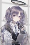  1girl blue_archive blurry blurry_background commentary_request empty_eyes expressionless gloves hair_ornament highres id_card jacket looking_at_viewer mechanical_halo necktie paruno purple_eyes purple_hair shadow solo stylus tablet_pc yuuka_(blue_archive) 