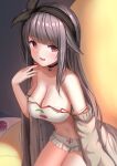  1girl azur_lane bangs bare_shoulders black_hair black_hairband blush breasts cardigan cherry cherry_print choker cleavage commentary_request eyebrows_visible_through_hair food food_print fruit hairband highres large_breasts long_hair long_sleeves looking_at_viewer manda_(manda9n) off_shoulder official_alternate_costume open_cardigan open_clothes open_mouth pamiat_merkuria_(azur_lane) pamiat_merkuria_(sweet_cherry_memories)_(azur_lane) purple_eyes smile solo 