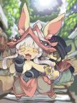  absurd_res ambiguous_gender anthro blush bodily_fluids body_hair clothing duo erection eyes_closed fangs fur hand_on_head hi_res horizontal_pupils hug hugging_from_behind human humanoid made_in_abyss mammal nanachi narehate open_mouth prosthetic pupils regu rtari struggling tears teeth young 