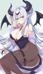  1girl bangs bare_shoulders between_breasts black_legwear blue_eyes blush breasts cleavage curvy demon_girl demon_horns demon_tail demon_wings double_bun earrings emirio_(emirio110) hand_to_own_mouth high_heels highres horns jewelry large_breasts leaning_to_the_side leotard long_hair looking_at_viewer necktie necktie_between_breasts original pantyhose pointy_ears solo tail thigh_strap white_hair wings 