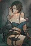  1girl arm_up armpits bandages bare_shoulders blue_eyes breasts brown_hair cleavage commentary cutesexyrobutts grenade_launcher highres jill_valentine large_breasts lips looking_at_viewer parted_lips resident_evil resident_evil_3 see-through short_hair skirt solo thick_thighs thighs weapon 