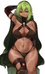  1girl absurdres bodypaint borrowed_character breasts cape dark_skin dark_skinned_female exalted green_eyes green_hair headband highres large_breasts lips looking_at_viewer medium_hair original saiya_the_viridian_shade_(ashiavain) smile solo suruga_(xsurugax) teeth thick_thighs thighs toned 