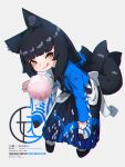  1girl animal_ear_fluff animal_ears black_footwear black_hair black_hakama blue_kimono blue_scrunchie blush brown_eyes closed_mouth commentary_request cotton_candy food fox_ears fox_girl fox_tail full_body grey_background hair_ornament hair_scrunchie hakama highres holding holding_food japanese_clothes kimono kitsune kuro_kosyou leaning_forward licking_lips long_hair long_sleeves looking_at_viewer original scrunchie simple_background smile solo standing tabi tail tongue tongue_out very_long_hair white_kimono white_legwear wide_sleeves zouri 