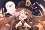  1girl ;d absurdres artist_name black_headwear brown_eyes brown_hair flower-shaped_pupils genshin_impact ghost hat heart heart_hands highres hu_tao jewelry long_hair long_sleeves looking_at_viewer notice_lines one_eye_closed open_mouth ring round_teeth smile teeth toxic_(pixiv54732505) upper_body upper_teeth 