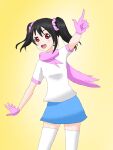  1girl black_hair blue_skirt cosplay gloves jimmy09 love_live! love_live!_school_idol_project miniskirt papyrus_(undertale) papyrus_(undertale)_(cosplay) pink_gloves pink_scarf red_eyes scarf self_upload shirt skirt undertale white_legwear white_shirt yazawa_nico 