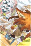  anthro bodily_fluids bottomwear brown_body brown_fur brown_nose canid canine canis clothing detailed_background domestic_dog fur group kemono mammal outside pants plant shirt snow sweat tongue tongue_out topwear tree utsuki_maito winter 